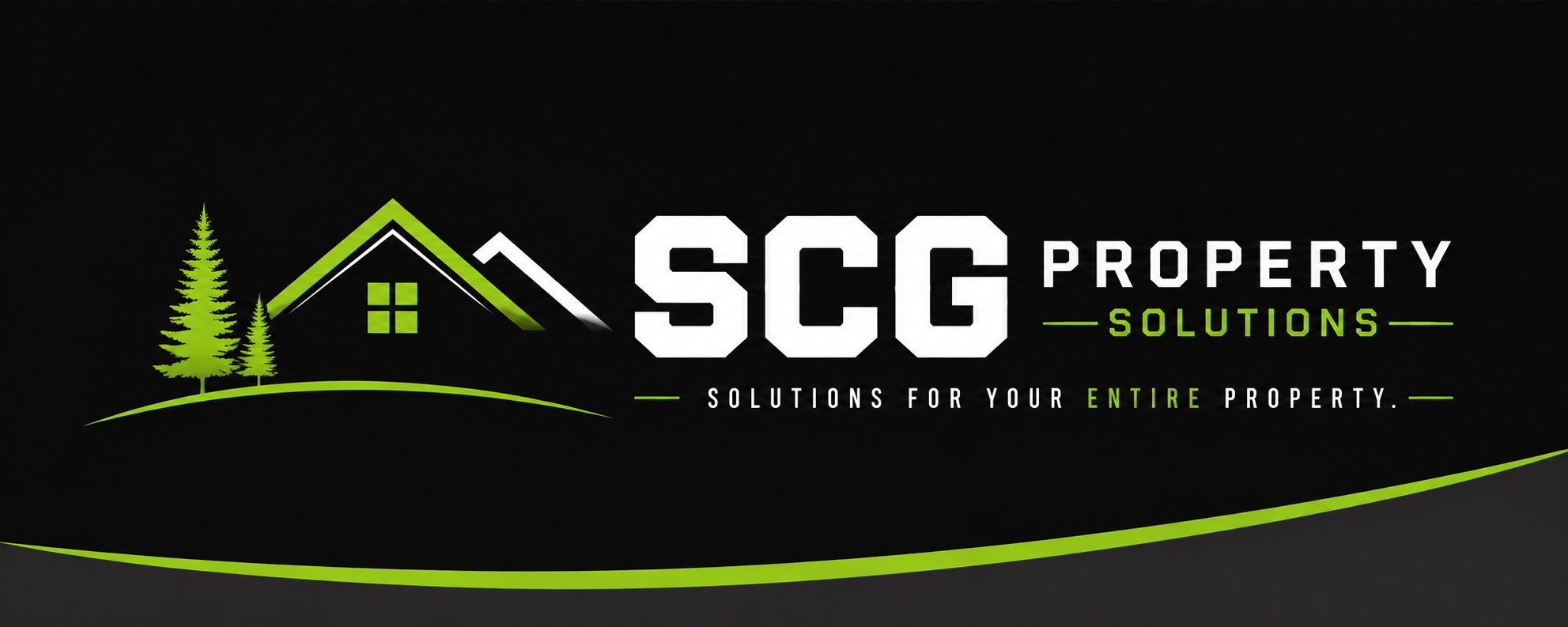 SCG Property Solutions landscape banner with highlighter green roofline, trees and company name